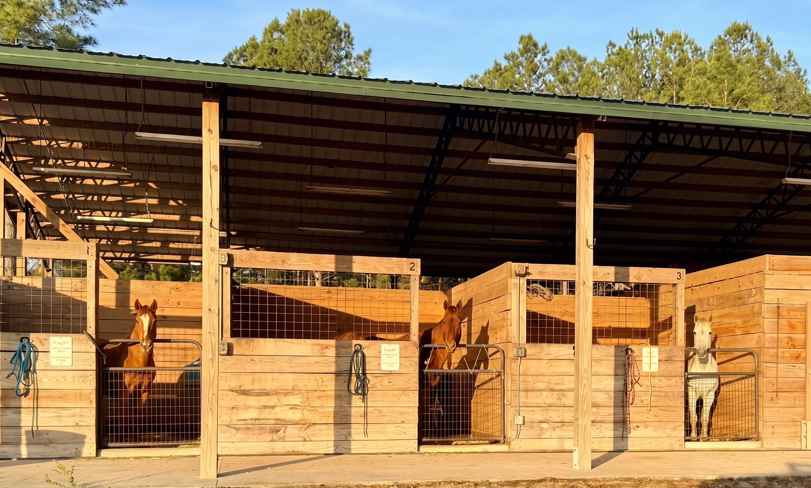 Three horses looking out of their stalls in golden evening light at Horse Ridge Farm