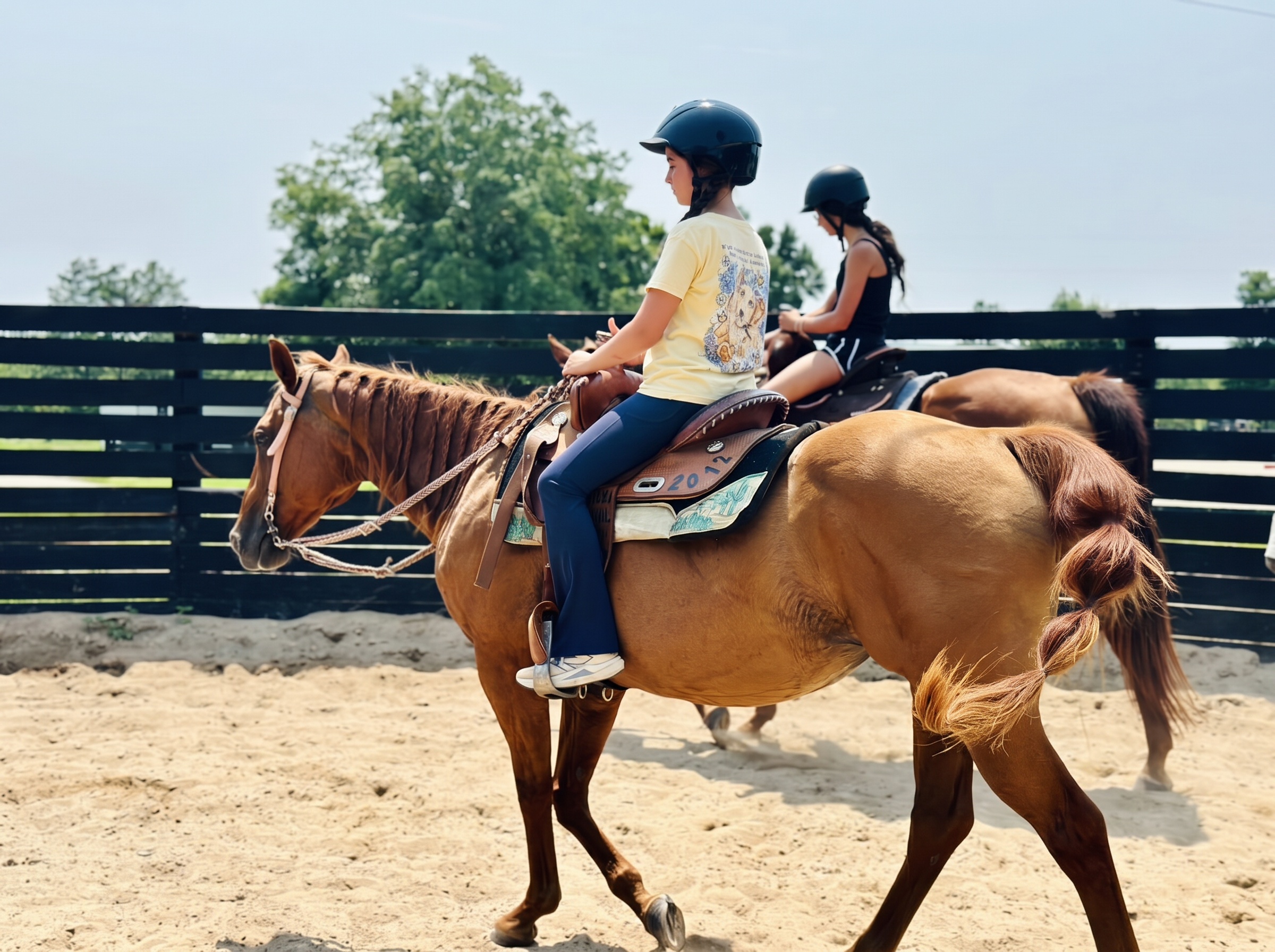 Teen riders walking their horses along the arena fence