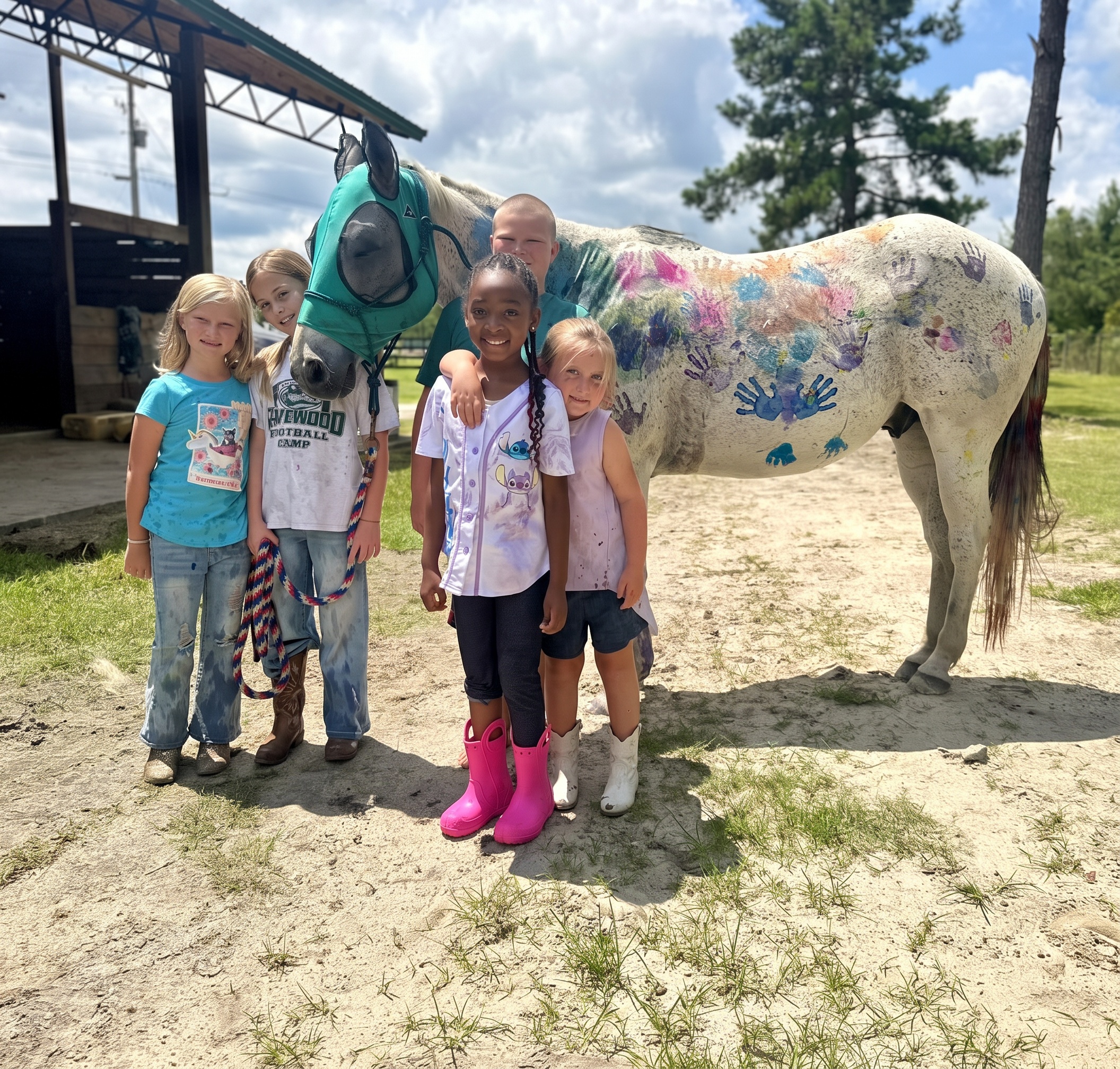 A smiling party group posing with the horse they painted